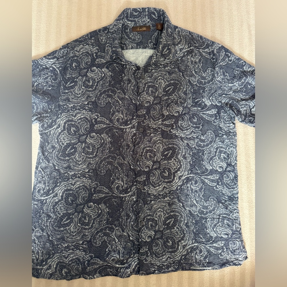 Tasso Elba Button Down Shirt Mens Sz. L / Blue Silk Linen Blend Casual
